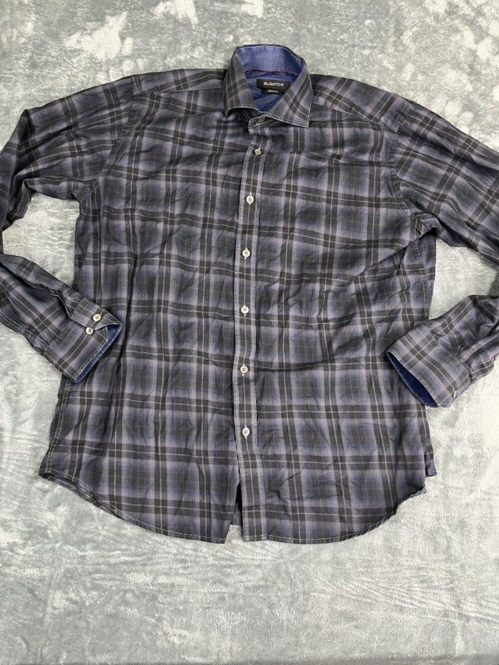 Bugatchi Mens Classic Fit Long Sleeve Plaid Button-Down Shirt Blue/Gray Size L